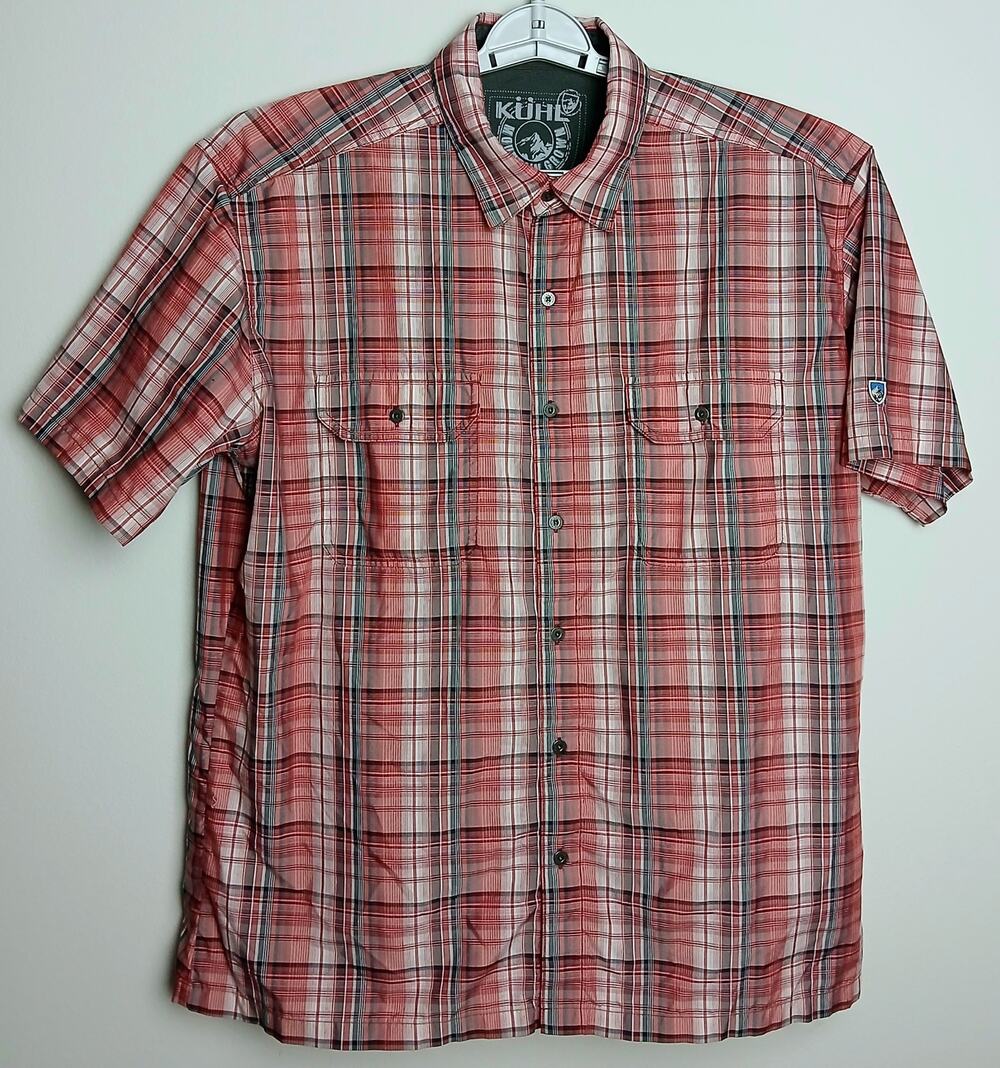 Kuhl Response Mens XL Plaid Button Shirt Short Sleeve Hiking Trail Red Orange